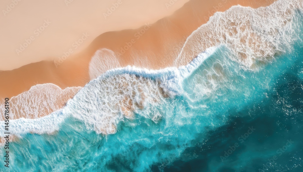 Aerial view of turquoise ocean waves crashing onto a golden sandy beach.