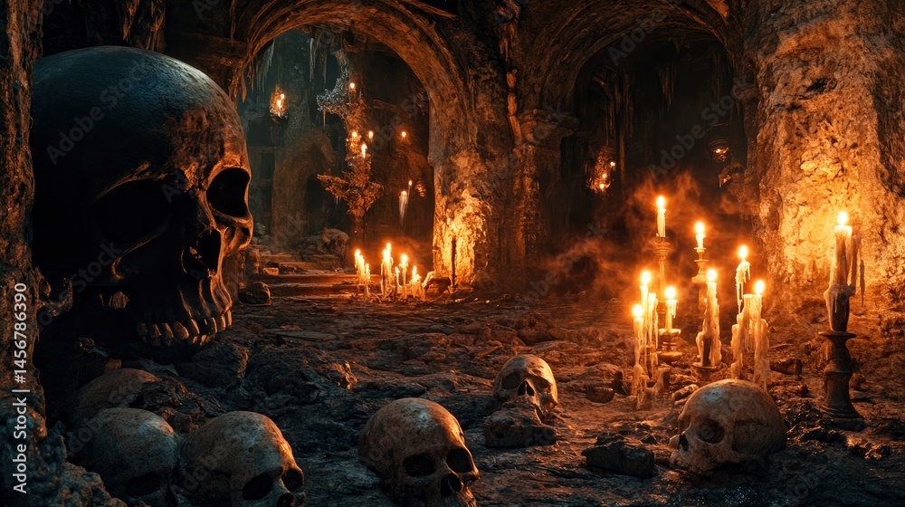 Obraz premium Creepy Skull And Candle Scene. Atmospheric Cave Interior With Human Skulls And Burning Candles For Dark Fantasy Concepts.