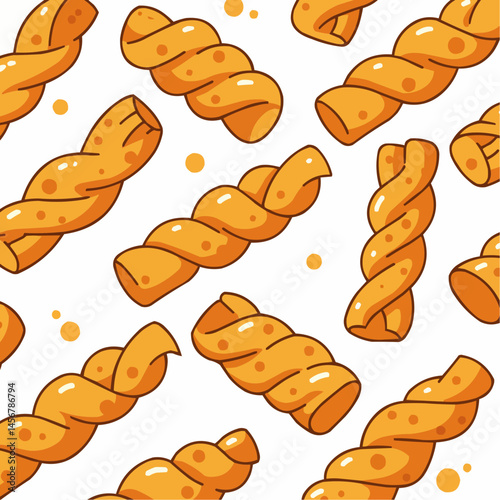 Twisted pastries on white background. Cartoon snack in sweet colors