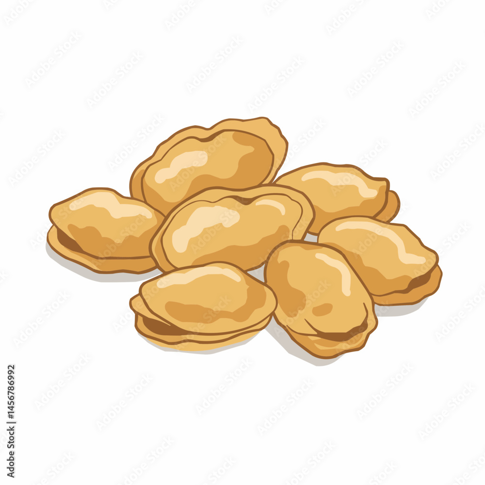 A cluster of tan-colored dumplings with crimped edges sit together A cluster of tan-colored dumplings with crimped edges sit together