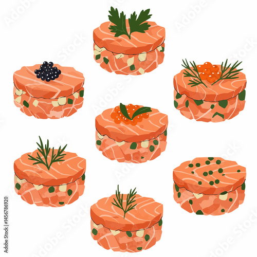 Salmon tartare dishes displayed with garnish and topping, isolated on white