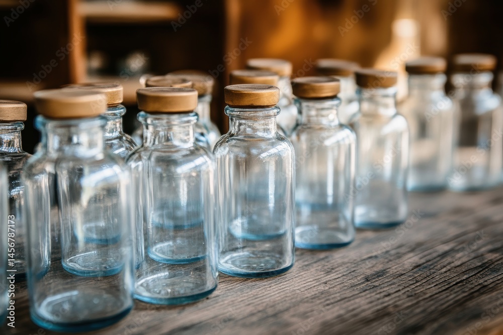 Row of Clear Glass Bottles with Wood Stoppers on Rustic Wooden Surface Close Up Still Life Arrangement Row of Clear Glass Bottles with Wood Stoppers on Rustic Wooden Surface Close Up Still Life Arrangement
