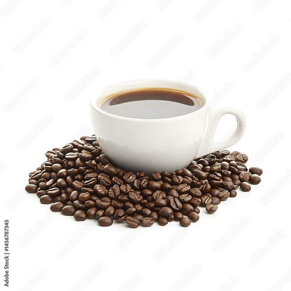 Fototapeta premium Coffee cup on roasted beans close up studio shot on white background