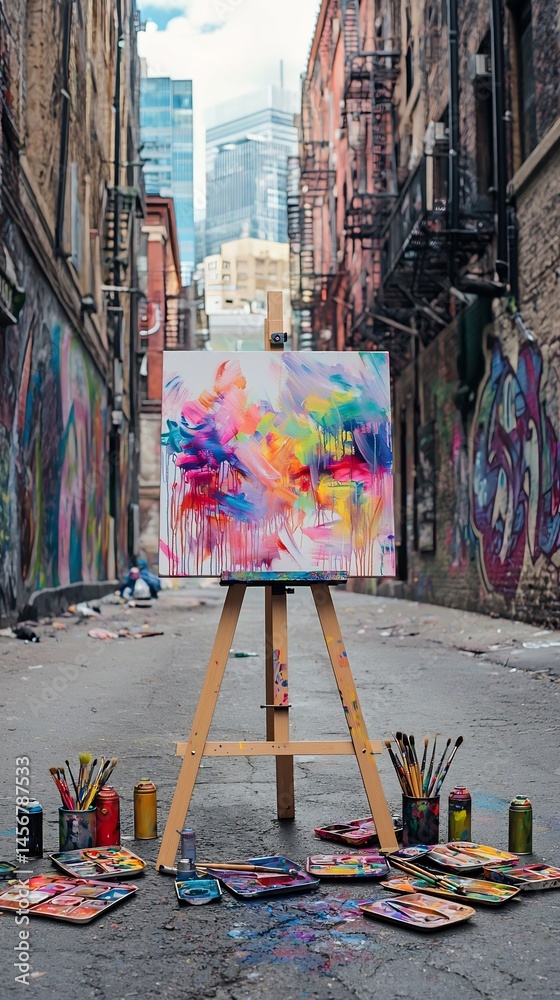 Obraz premium A Vibrant Abstract Painting on an Easel in a Narrow Urban Alley with Art Supplies