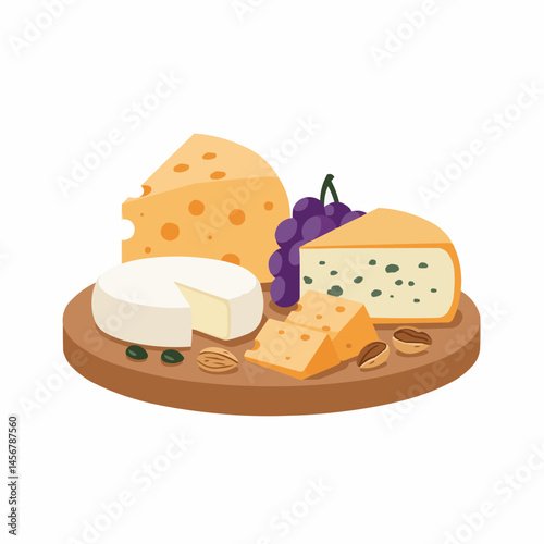 Simplified illustration of cheese wedges and grapes in light pastel colors
