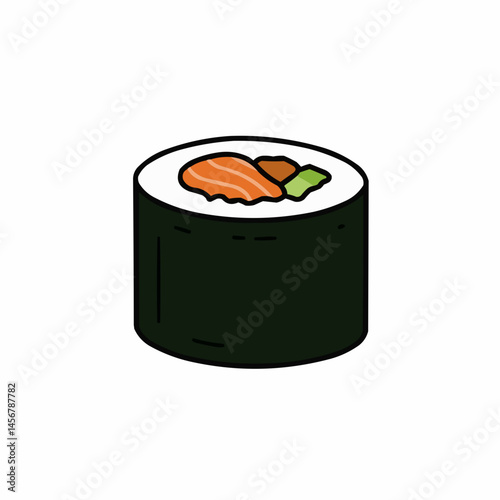 Hand-drawn-style sushi roll, with salmon, brown filling and avocado inside nori wrap