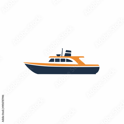 Blue & orange ship at the bottom; flat design, simple and clean aesthetic