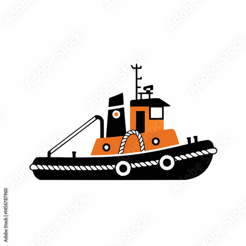 Stylized tugboat image in orange and black on a plain white background