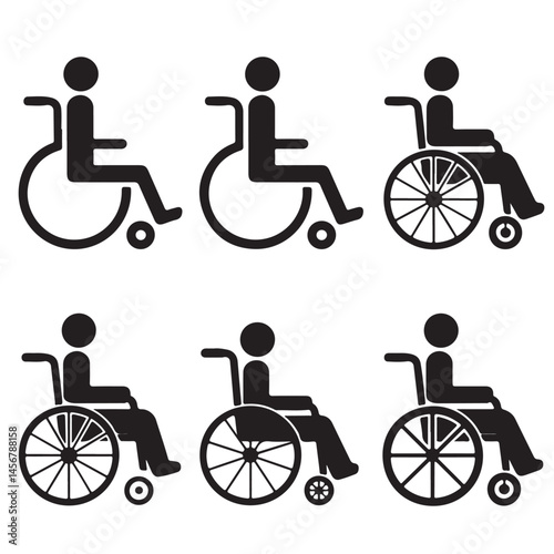 set of black Clean vector icon of a wheelchair silhouette