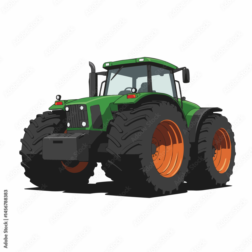 Obraz premium Green tractor with black wheels on white background, half view, top-down angle