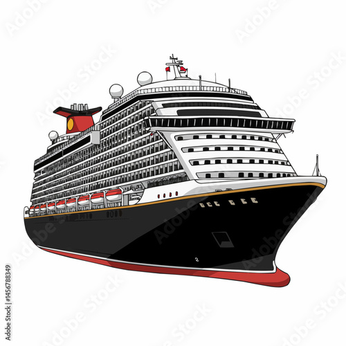 Cruise ship illustration, showcasing its decks, chimneys, and flags, against a white background
