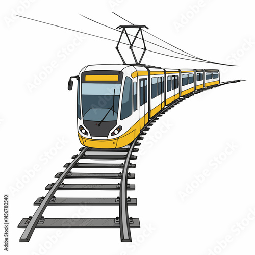Graphic of a white and yellow city train with electrical wires above it