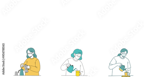 シンプル線画 穏やか色彩 コーヒー淹れる人々