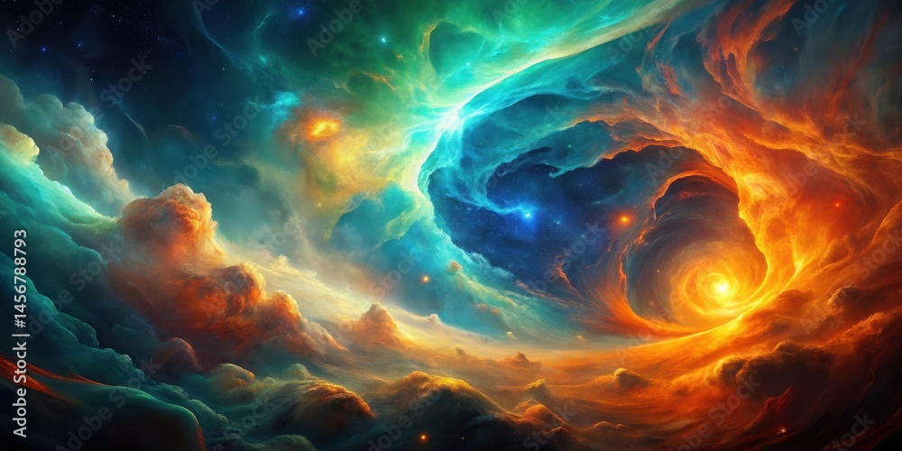 Fototapeta premium A swirling vortex of celestial fire and ethereal nebulae, a cosmic landscape of vibrant hues and otherworldly formations, painting a breathtaking panorama of interstellar wonder