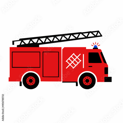 Cartoon fire truck; bright red with black ladder and siren, isolated on white background