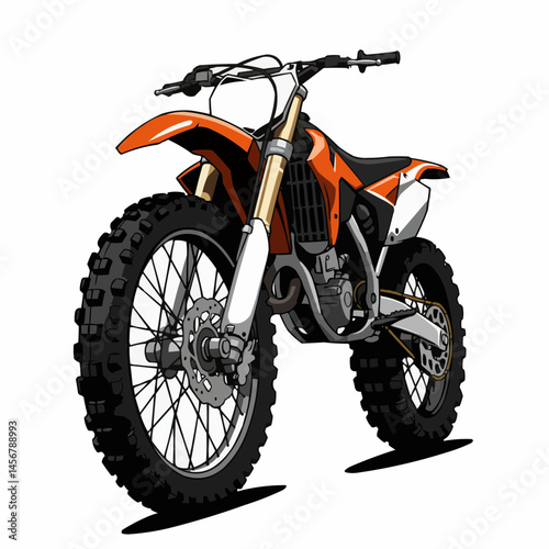 A detailed close-up of an orange and black off-road motorcycle on a white background