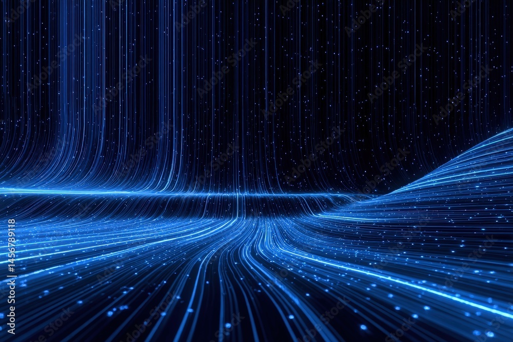 Abstract digital landscape with flowing blue lines and glowing dots against a dark background, evoking data streams or futuristic technology.