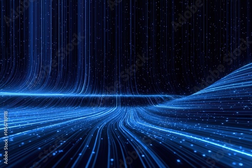 Obraz na płótnie Abstract digital landscape with flowing blue lines and glowing dots against a dark background, evoking data streams or futuristic technology. w salonie