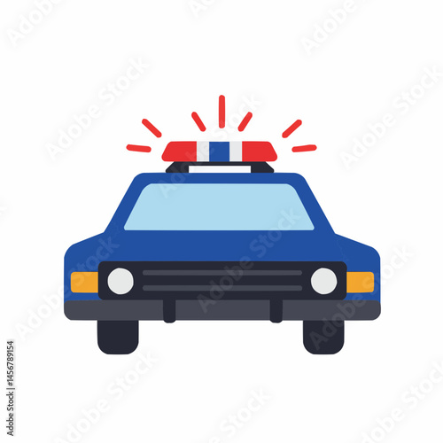 Blue & red police car, top right side, with light beams. Flat, cartoon style image