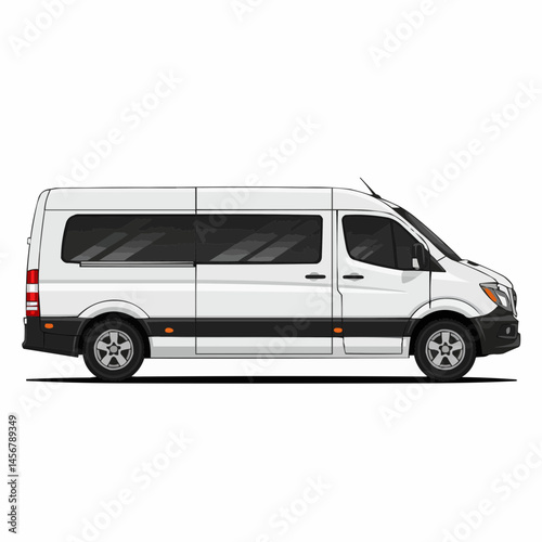 Side-view illustration of white van with tinted windows on a white background