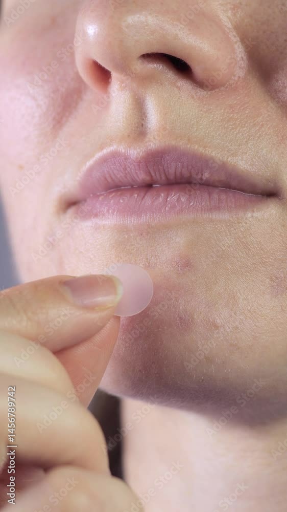 Vertical video of woman applying anti acne master pimple patch with hydrocolloid dressing. Close up, 4k footage.