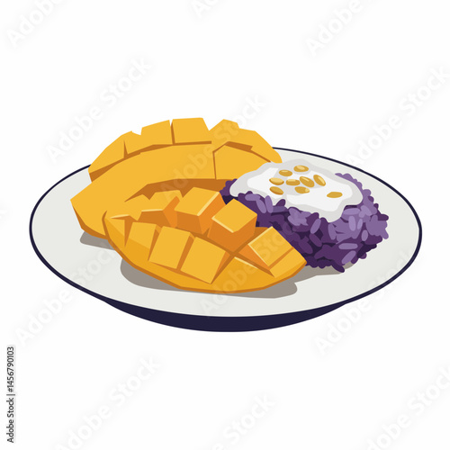 Illustration of mango sticky rice on a plate with coconut milk and purple rice