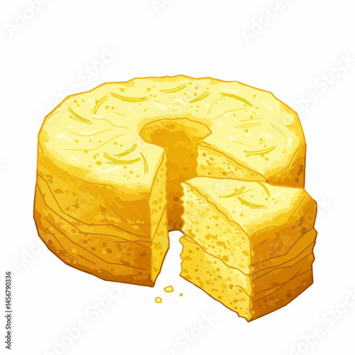 Cake is yellow color and has a hole in center with a slice cut out, topped with small yellow pieces