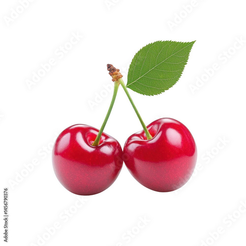 Two fresh cherries with a vibrant red color and green leaf, isolated on a white background. Perfect for healthy eating, desserts, and summer recipes.
