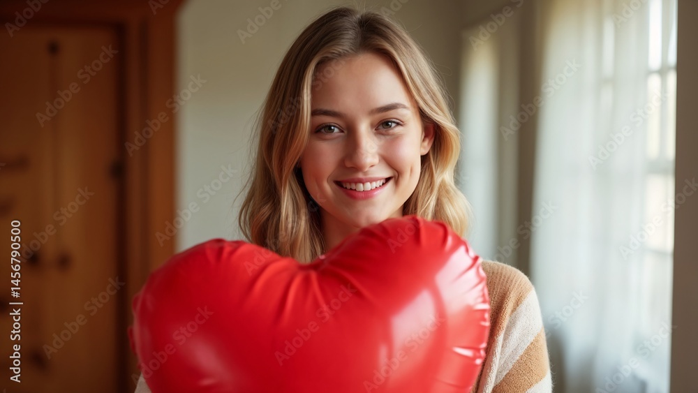 A woman holding a large red heart shaped balloon. A woman holding a large red heart shaped balloon.