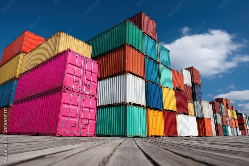 Colorful shipping containers stacked high under a blue sky at a storage or shipping yard.