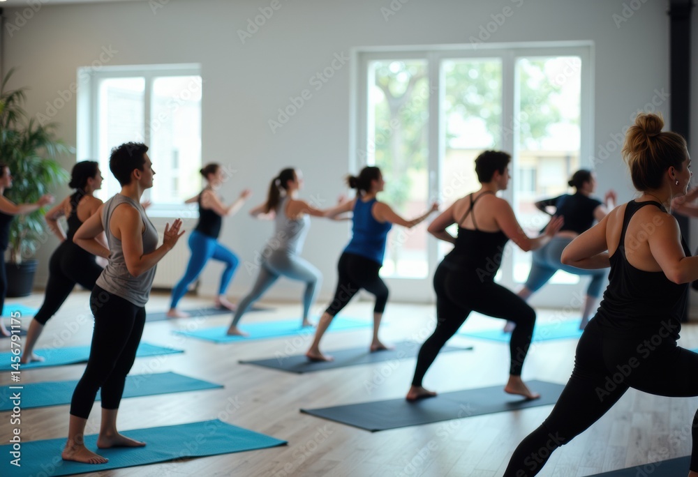 Fototapeta premium Group of women practicing yoga in a bright studio with blue mats