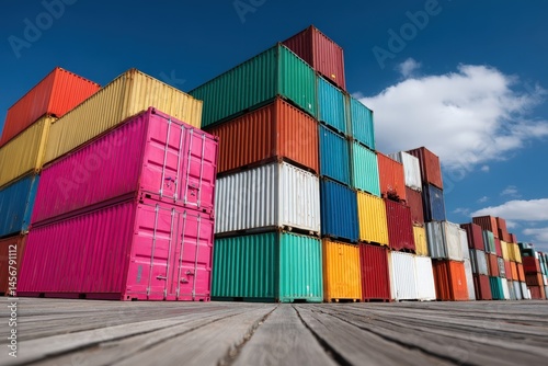 Obraz na płótnie Colorful shipping containers stacked high under a blue sky at a storage or shipping yard. w salonie