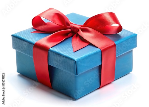 Blue Gift Box with Red Ribbon Holiday or birthday concept isolated on white background