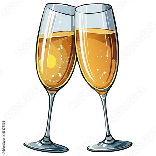 Two glasses with champagne are clink vector color illustration. Sparkling wine image of celebration of celebration and birthday. Wedding fun design of wine or prosecco.