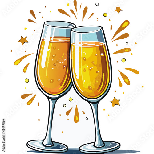 Two glasses with champagne are clink vector color illustration. Sparkling wine image of celebration of celebration and birthday. Wedding fun design of wine or prosecco.