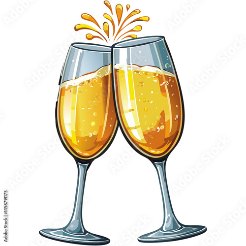 Two glasses with champagne are clink vector color illustration. Sparkling wine image of celebration of celebration and birthday. Wedding fun design of wine or prosecco.