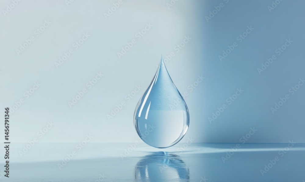 Fototapeta premium Transparent Water Drop on Blue Background with Reflection Effect