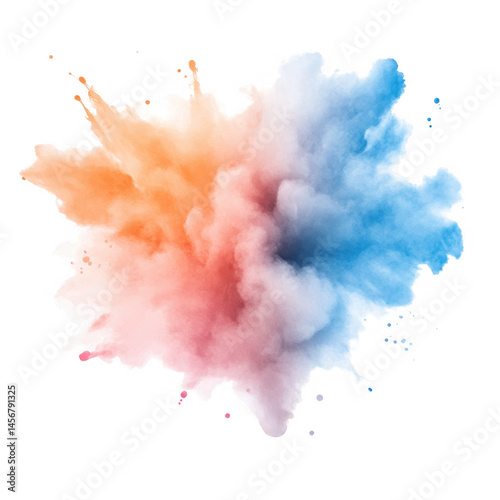 Vibrant explosion of colorful powder in shades of orange, pink, and blue against a white background, creating a dynamic visual effect perfect for artistic designs.
