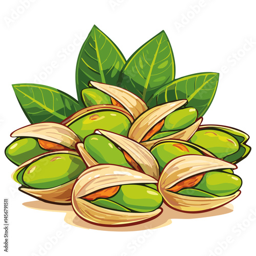 Pistachios with leaves color vector illustration. Arrangement of nuts on isolated background for packaging and design.