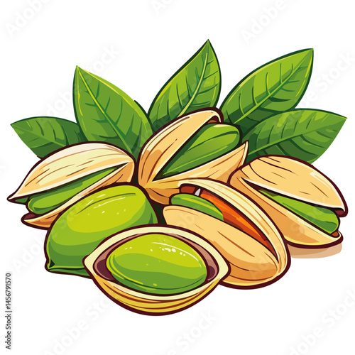 Pistachios with leaves color vector illustration. Arrangement of nuts on isolated background for packaging and design.
