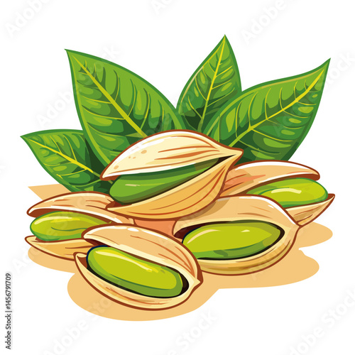 Pistachios with leaves color vector illustration. Arrangement of nuts on isolated background for packaging and design.