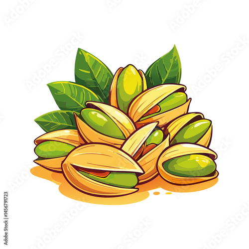 Pistachios with leaves color vector illustration. Arrangement of nuts on isolated background for packaging and design.
