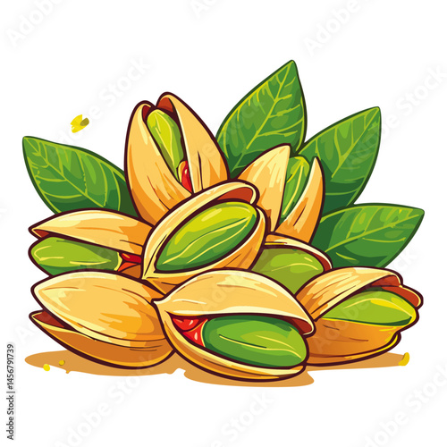 Pistachios with leaves color vector illustration. Arrangement of nuts on isolated background for packaging and design.