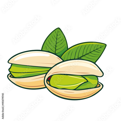 Pistachios with leaves color vector illustration. Arrangement of nuts on isolated background for packaging and design.