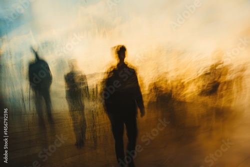 A blurred photograph of people walking in the background. captured from an overhead perspective. The focus is on their motion and energy as they move through the space.