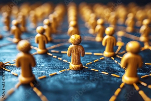 Wooden figures representing social connections and networks, arranged in an intricate pattern illustrating modern communication and interpersonal relationships