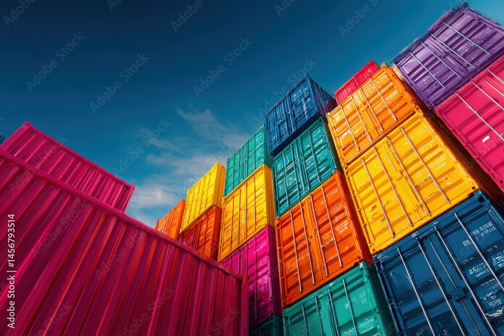 Stacked colorful shipping containers against a clear blue sky, showcasing vibrant hues and industrial organization.