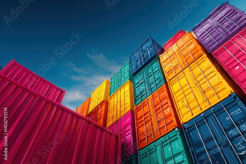 Obraz na płótnie Stacked colorful shipping containers against a clear blue sky, showcasing vibrant hues and industrial organization. w salonie