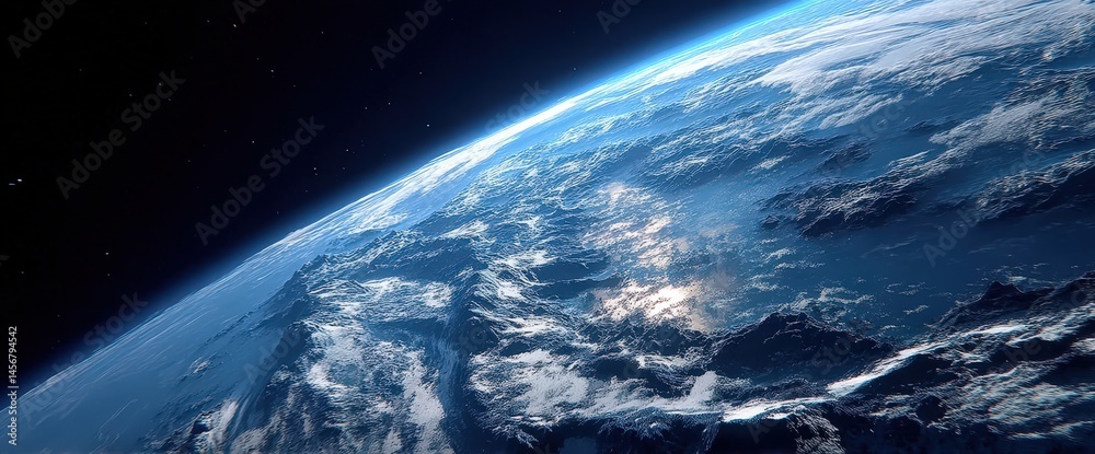 A breathtaking view of Earth from space, showcasing the planet's curvature, blue atmosphere, and scattered clouds above continents and oceans.