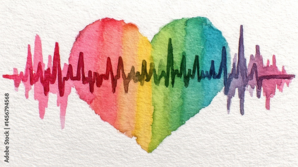 Obraz premium Rainbow Heartbeat Watercolor Painting Vibrant Love and Life Energy Art